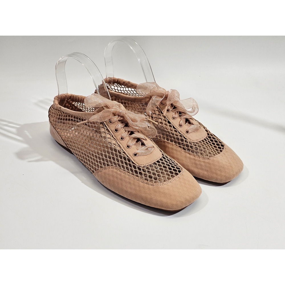 Vivaia Mesh Ballet Flats Women 40 Beige Square Toe Lace Up Organza Ribbon Shoes